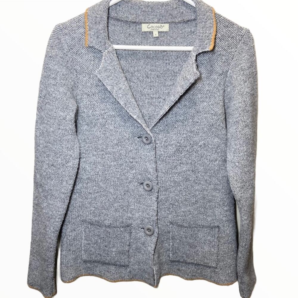 Cocogio Cardigan Blazer Wool Button Hand Pockets Knit Contrast Piping Gray Small